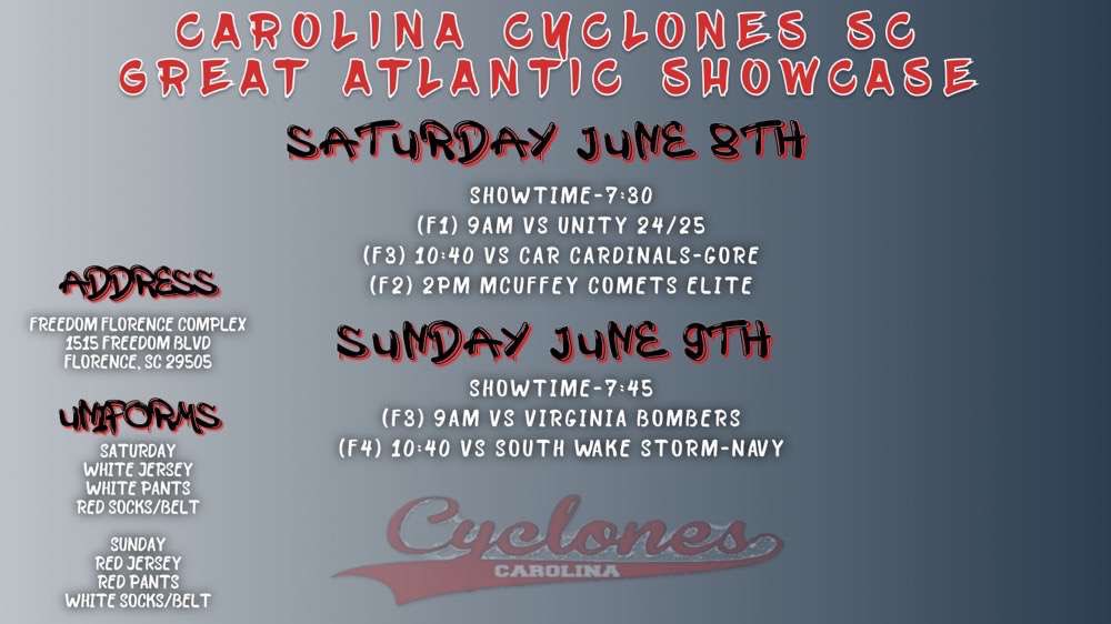Carolina Cyclones are heading to Florence SC to play in the <a href="/TierOneFP/">Tier One Fastpitch</a> Great Atlantic showcase! <a href="/PfeifferSball/">PFEIFFER SOFTBALL</a> <a href="/paindawg45/">Gary Payne</a> <a href="/WakeTechSB/">Wake Tech Softball</a> <a href="/Coach_M_Booth/">Meredith Booth</a> <a href="/coachmere_16/">Meredith Mills</a> <a href="/joewhit77649469/">Carolina Cyclones Showcase (18u)-Joe White</a>