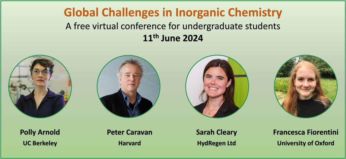 ⏰ One week to go! All welcome to attend our 'Global Challenges in Inorganic Chemistry' virtual conference next Tue. We've got 4 great talks lined-up . Register now to hear about their research! GCIC-tickets.eventbrite.co.uk <a href="/ProfArno/">Polly L Arnold</a> <a href="/PeterCaravan/">🇺🇦Peter Caravan🇺🇦</a> <a href="/HydRegen_Oxford/">HydRegen Limited</a> <a href="/franfiorentini/">Francesca Fiorentini</a>