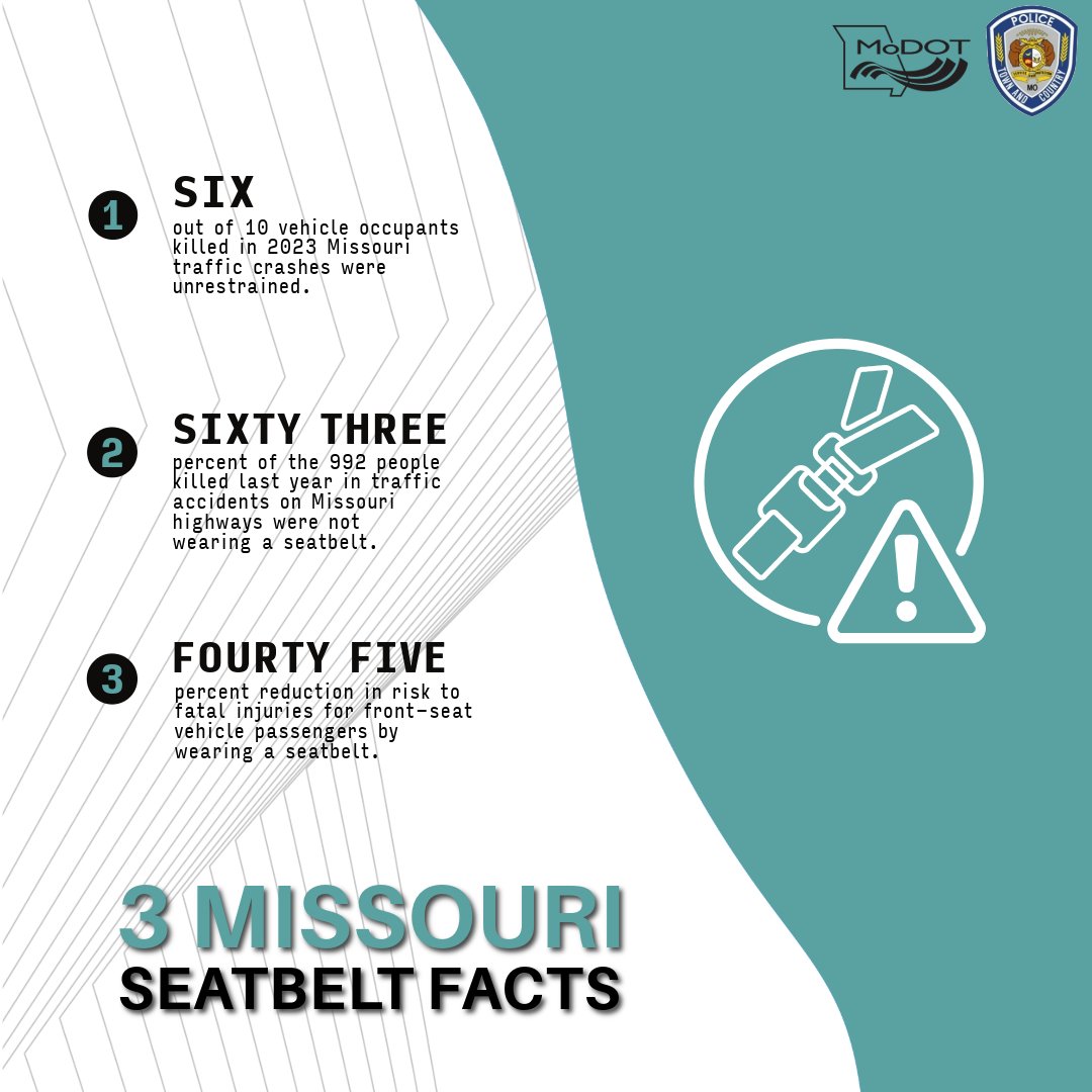 ❗️ Attention Town &amp; Country ❗️

Here are 3 Missouri seatbelt facts that just might save you or a loved one's life. Don't forget to Click It or Ticket!
#MoDOT #ClickItorTicket #TownAndCountryPD