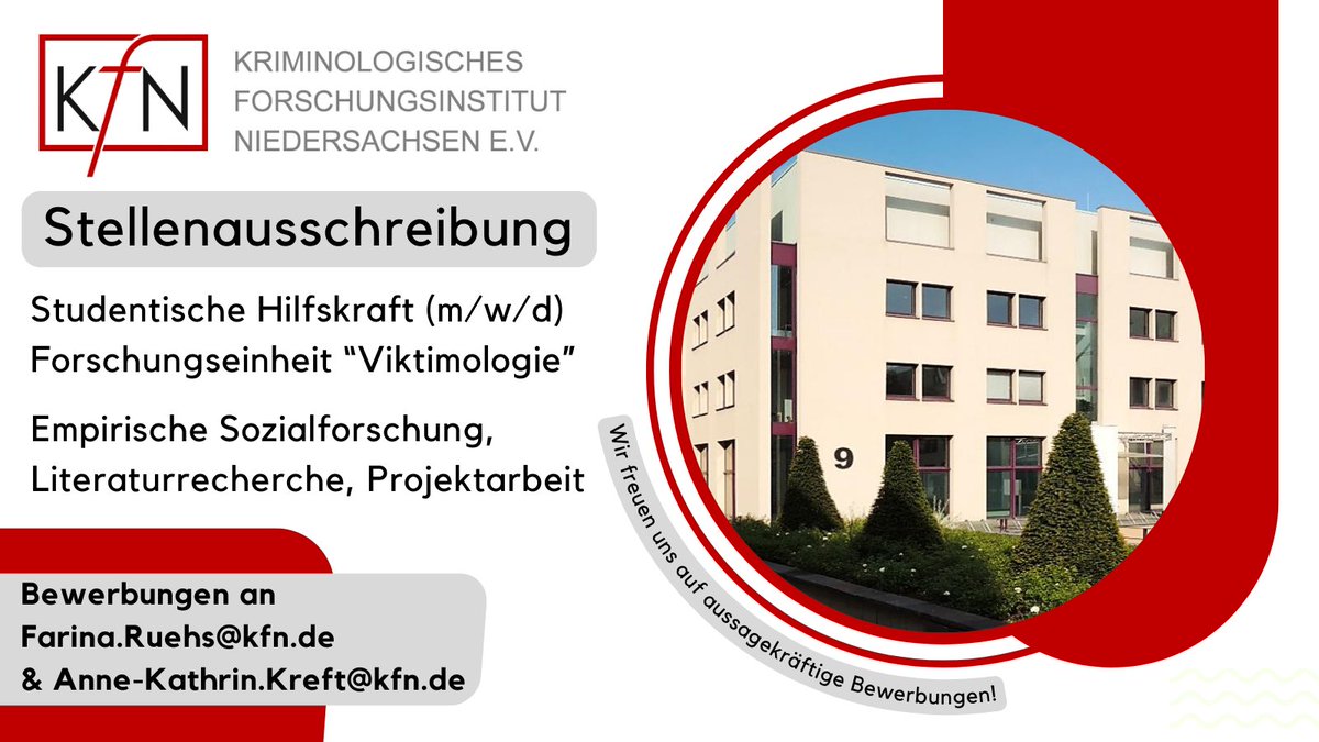 Auch unsere Forschungseinheit "Viktimologie" sucht eine neue studentische Hilfskraft (m/w/d)🧑‍🎓

Die vollständige Ausschreibung: kfn.de/wp-content/upl…
