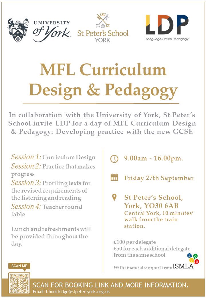 Places are filling up fast!
Secure your place now #MFLTwitterati

MFL Curriculum Design &amp; Pedagogy: Developing practice with the new GCSE. Friday 27th September 0900-1600, York.

Info and booking form here: stpetersyork.org.uk/our-community/…

#newGCSEMFL
<a href="/YorkUniversity/">York University</a> <a href="/StPetersYork/">St Peter's School, York</a>