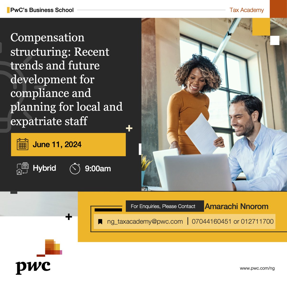 PwC_Nigeria's tweet photo. Join our June #TaxAcademy training on ‘Compensation Structuring’ with a focus on the recent trends and future development for compliance and planning for local and expatriate staff.

Register now: https://t.co/4d6IuUK88N https://t.co/6mwptW0Hhj