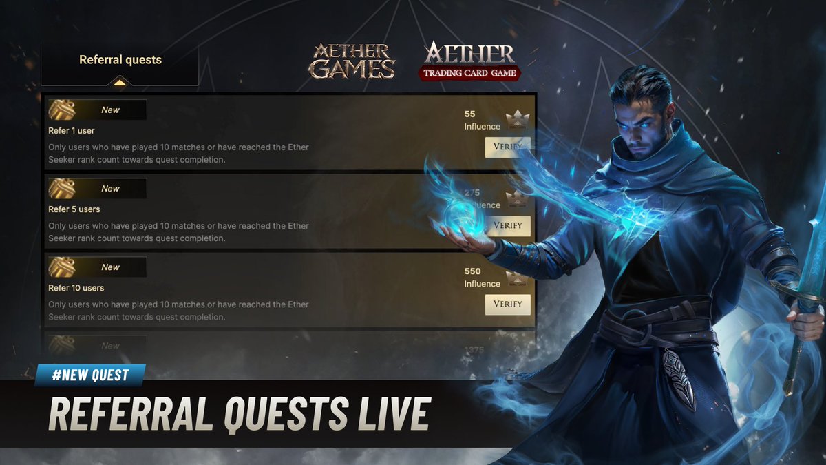 🟢Our Aether Referral Quests are now Live!📈

Get a head start, grind the ranks to Aether Archimage, and get an Influence Point multiplier on your rewards!

Our new campaign is already starting next week⏳

🔗aethergames.io/quests