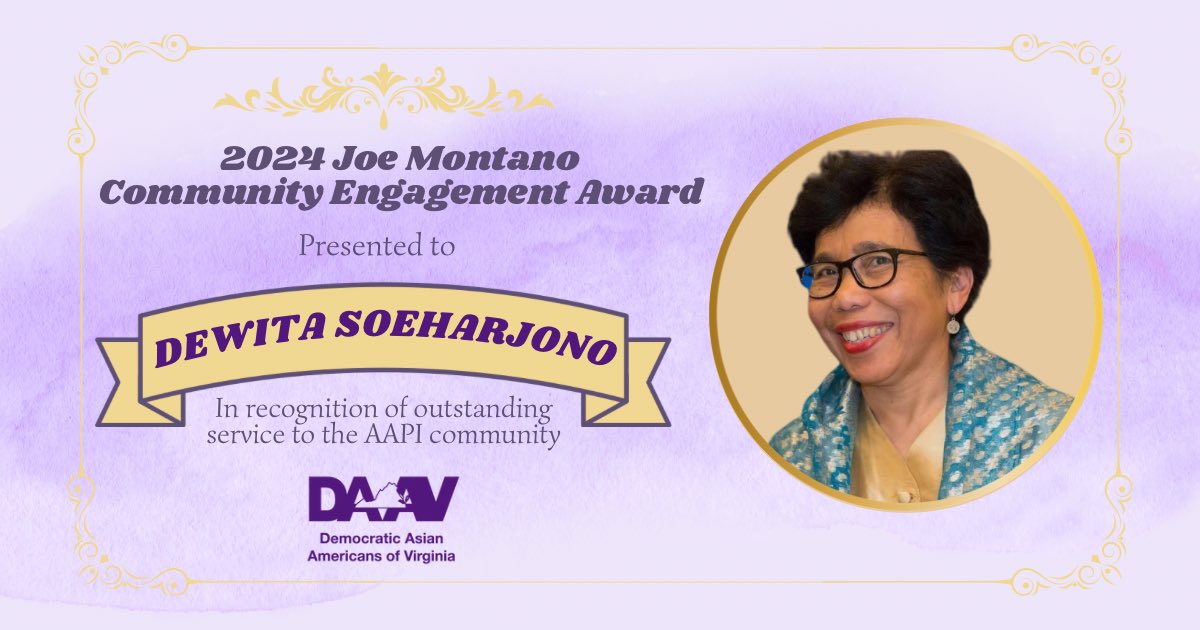 Announcing our 2024 Joe Montano Community Engagement Award Recipient 
*** Dewita Soeharjono ***
Join us at our Awards Dinner to honor <a href="/ecotwist/">Dewita Soeharjono</a> 
secure.actblue.com/donate/aapihm24