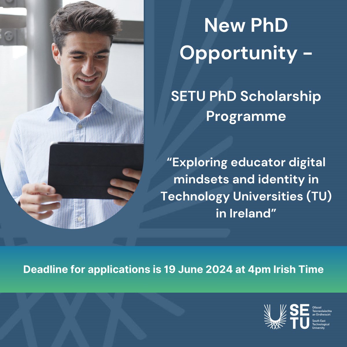SETU_Research, Innovation and Impact (@setu_research) on Twitter photo NEW PhD OPPORTUNITY!
"Exploring educator digital mindsets and identity in Technology Universities (TU) in Ireland".
For more information and to apply, please visit bit.ly/3whbrNa
<a href="/geraldine_canny/">Dr. Geraldine Canny</a> <a href="/mcvanhout/">Professor Marie Claire Van Hout</a> <a href="/ComputingAtSETU/">Computing @ SETU Waterford</a> <a href="/RIKON_SETU/">RIKON</a> <a href="/SEAM_setu/">SEAM</a> <a href="/WaltonInst/">Walton Institute</a> NEW PhD OPPORTUNITY!
"Exploring educator digital mindsets and identity in Technology Universities (TU) in Ireland".
For more information and to apply, please visit bit.ly/3whbrNa
<a href="/geraldine_canny/">Dr. Geraldine Canny</a> <a href="/mcvanhout/">Professor Marie Claire Van Hout</a> <a href="/ComputingAtSETU/">Computing @ SETU Waterford</a> <a href="/RIKON_SETU/">RIKON</a> <a href="/SEAM_setu/">SEAM</a> <a href="/WaltonInst/">Walton Institute</a>