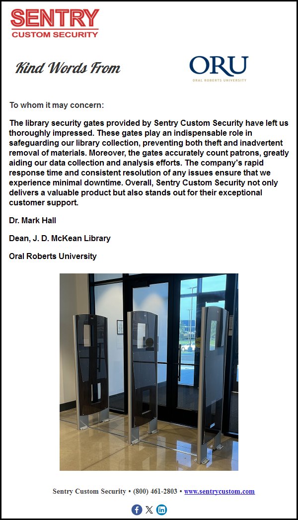 SentryCustom's tweet photo. Kind Words From @OralRobertsU - J.D. McKean Library About Their Sentry WAM-RT System #Sentry #SentryCustomSecurity #WAM-RT #EMLibrarySystem #LibrarySelfCheck #OralRobertsUniversity #JDMcKeanLibrary #KindWords https://t.co/9ervDPOzyT