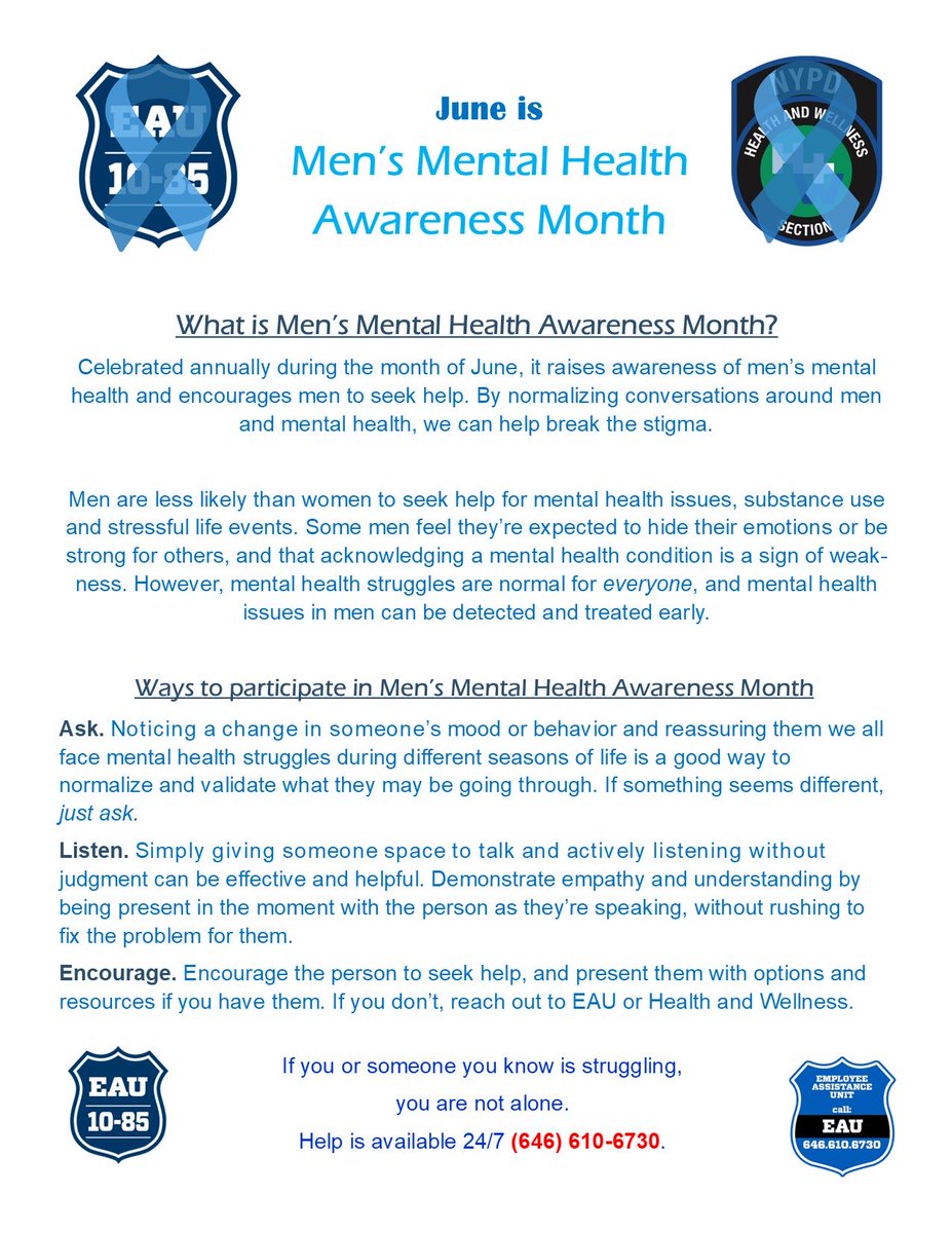 June is Men’s Mental Health Awareness Month. By encouraging and supporting men to seek help for mental health struggles, we can be the change and break the stigma around men’s mental health.