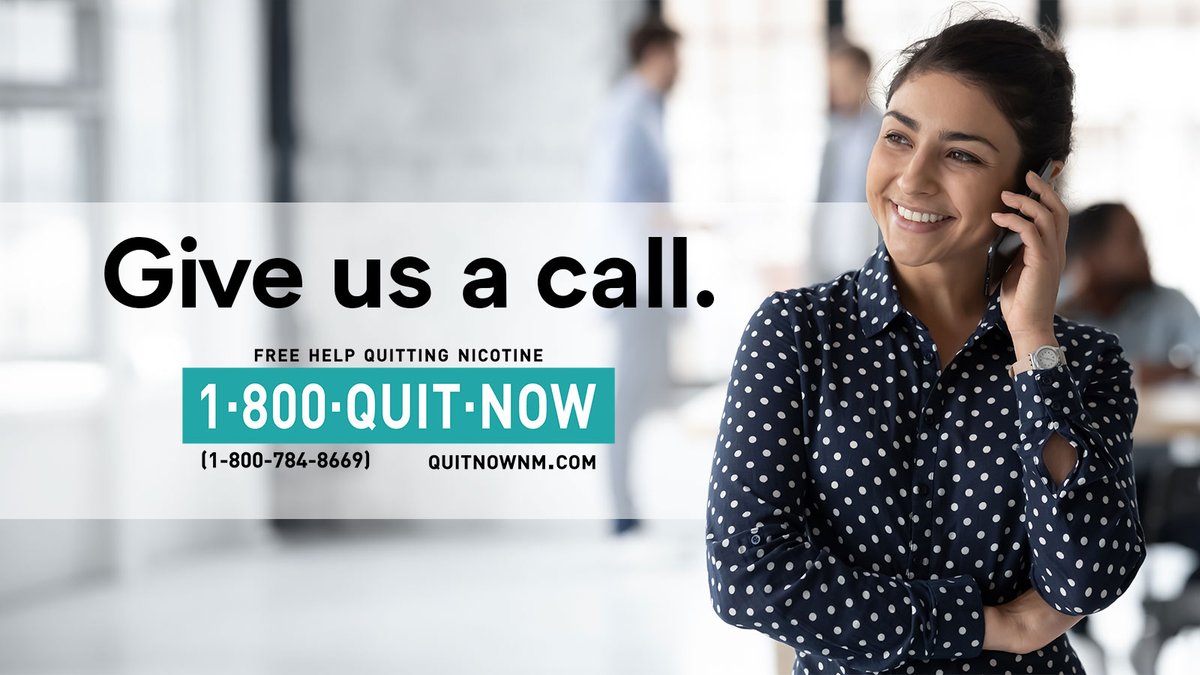 quitnownm's tweet photo. When you call our Quitline, you can speak confidentially with a highly trained quit coach.
Coaching help is available in several languages, and services are FREE.
Call 1-800-QUIT-NOW (1-800-784-8669) for help quitting #nicotine.

#smokefree #vapefree https://t.co/NvDmLcaYKZ