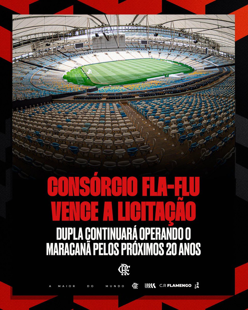 Flamengo's tweet photo. Na data de hoje, 04/06/2024, foi publicado no Diário Oficial do Estado do Rio de Janeiro decisão da Casa Civil que homologou a vitória do Consórcio Fla-Flu na Concorrência Pública para a Gestão do Complexo Maracanã, que inclui o estádio do Maracanã e o ginásio do Maracanãzinho, pelos próximos 20 anos.

Vale frisar que o Flamengo e o Fluminense já administram, com sucesso,  o Complexo Maracanã desde abril de 2019.

#CRF