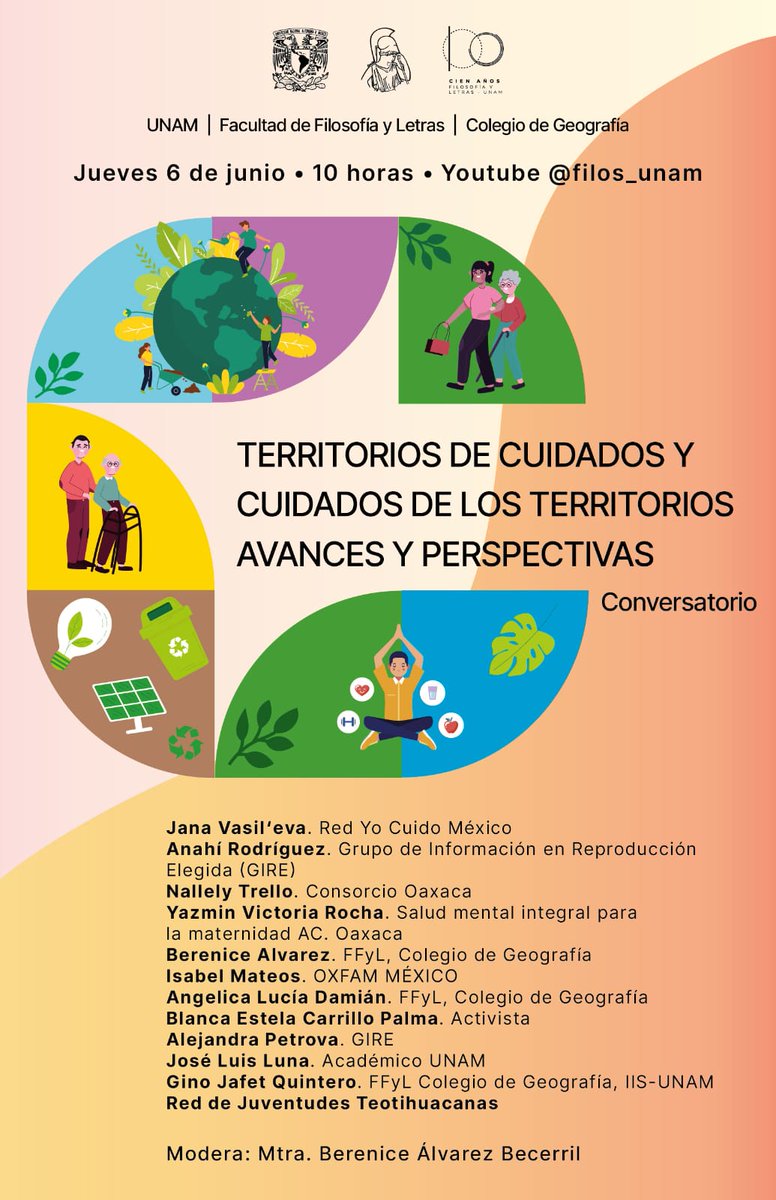 Les invitamos al conversatorio virtual "Territorios de Cuidados y Cuidados de los Territorios. Avances y Perspectivas". 

⏰Jueves,  06 de junio, 10 am. 

🌐Transmisión en youtube.com/@filos_unam