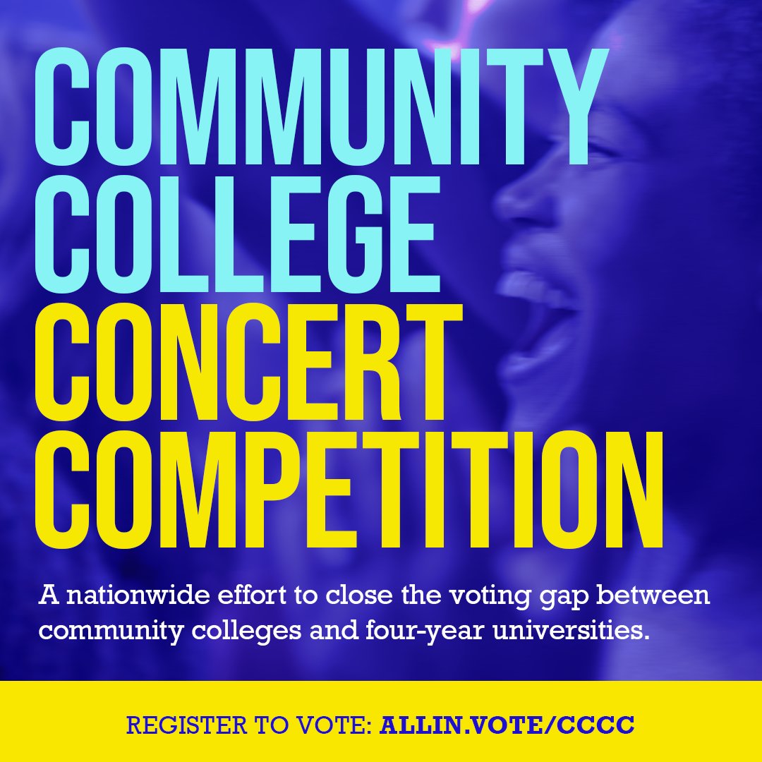 Let’s get ready to turn up this election! 🎶

The Community College Concert competition is a nonpartisan commitment to increasing the student voting rates at community colleges nationwide. Ready to join? Take the first step by registering to vote: allin.vote/cccc
