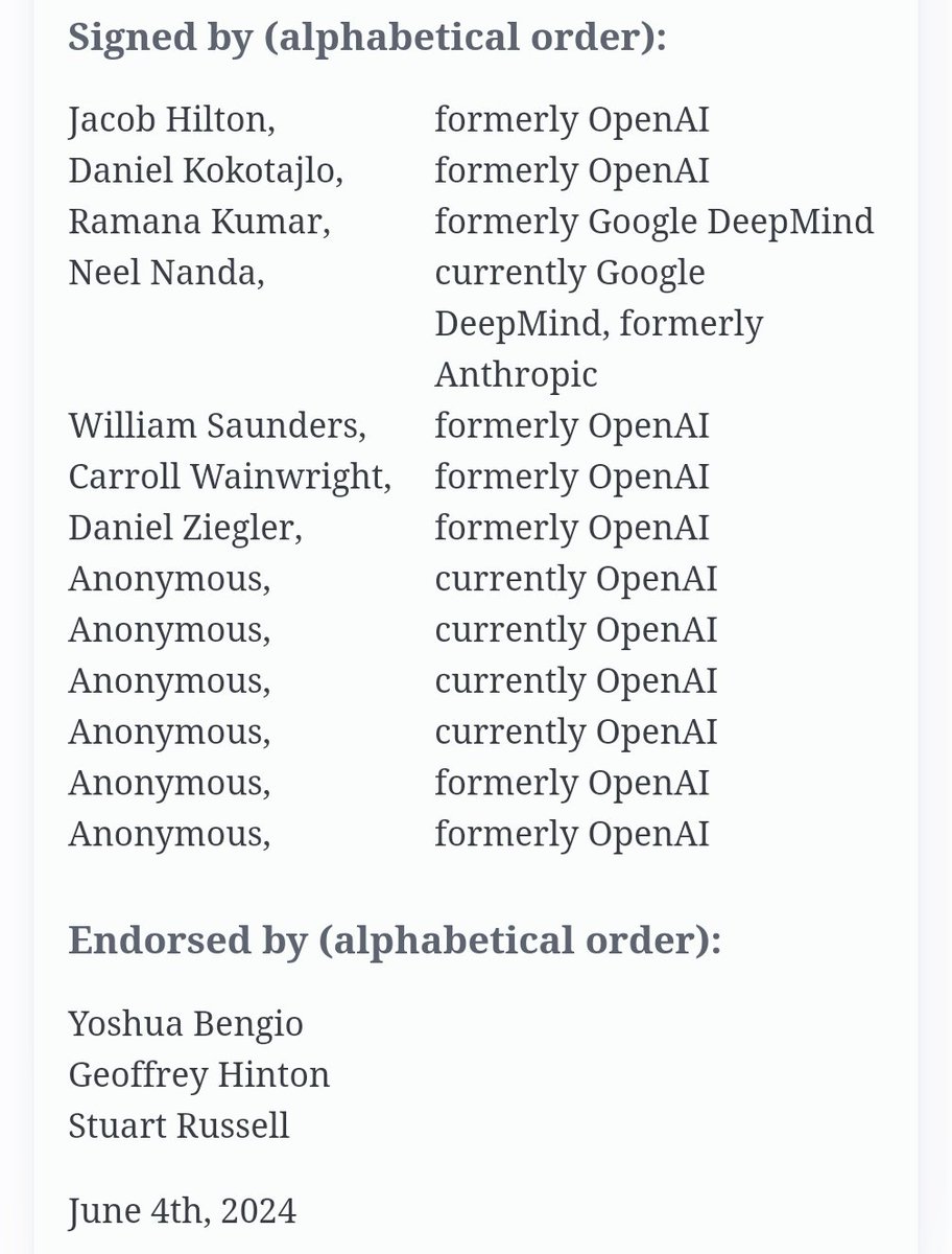A group of current, and former, OpenAI employees - some of them anonymous - along with Yoshua Bengio, Geoffrey Hinton, and Stuart Russell have released an open letter this morning entitled 'A Right to Warn about Advanced Artificial Intelligence'.
righttowarn.ai