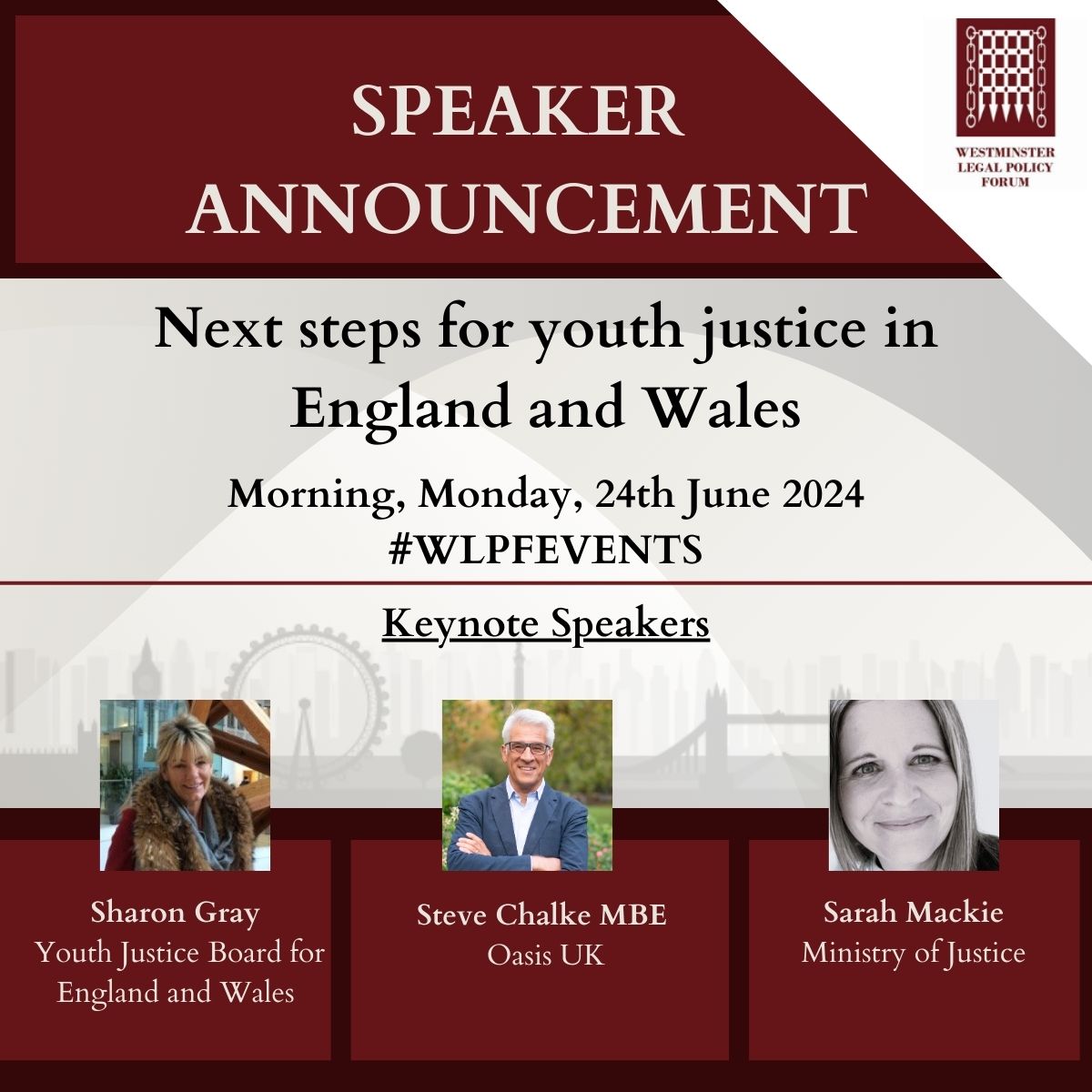 wfpevents's tweet photo. Join #WLPFEVENTS on the 24th of June to discuss Next steps for youth justice in England and Wales!
Our keynote speakers include @SGraySharon!
More information: https://t.co/en5YDuiuWI https://t.co/8MzD2IWAaD