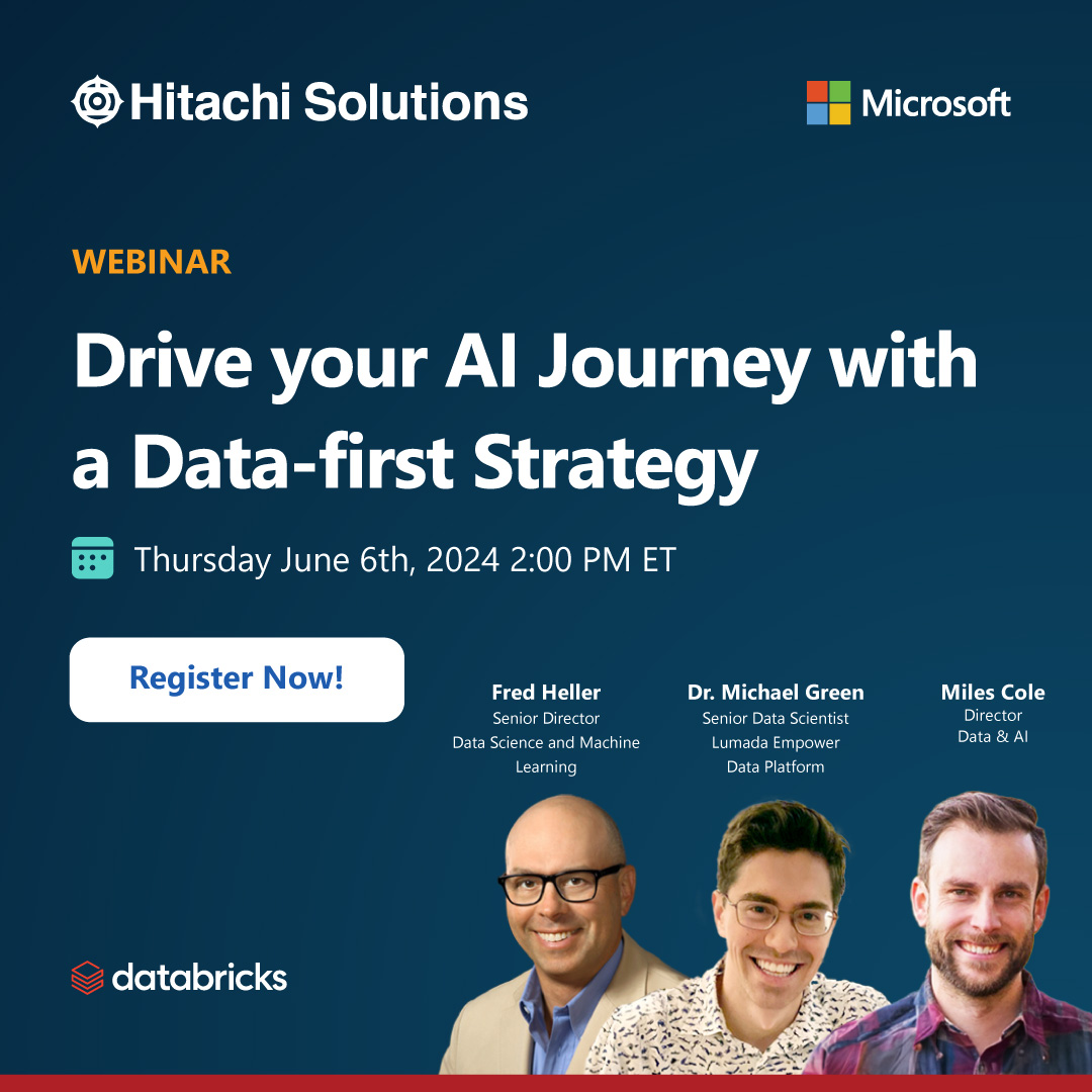 HitachiSolCa's tweet photo. AI is transforming service industries, and #Hitachi Solutions, #Microsoft and #Databricks are coming together to discuss how. Join the webinar on June 6th at 2:00 pm ET. Don't get left behind! Register to reserve your spot today. https://t.co/0ClFEbT4Mg https://t.co/Ua7zP19CGq