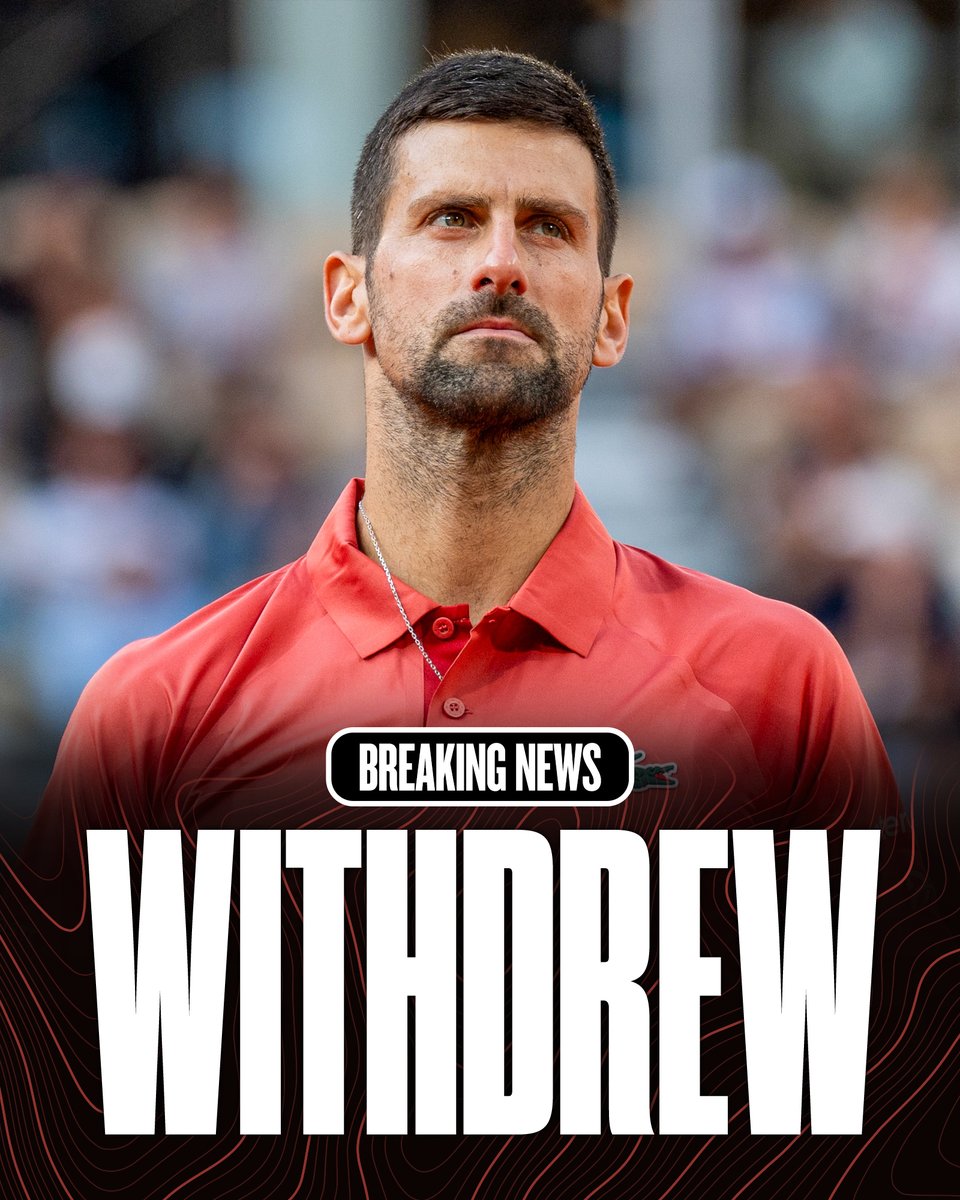 espn's tweet photo. Breaking: Novak Djokovic has withdrawn from his French Open quarterfinal against Casper Ruud due to the knee injury he aggravated in his fourth-round win. https://t.co/zRHsROiup7