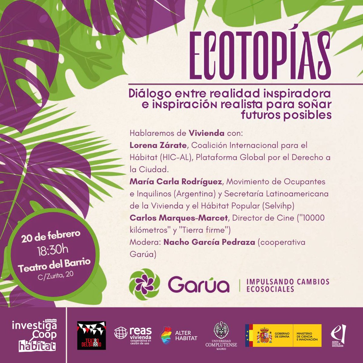 20/02/24. En el marco de la semana InvestigaCoop Hábitat 2024, organizada por Proyecto ALTERHABITAT y REAS-Vivienda, presentamos ECOTOPÍAS. Gracias Nacho García  por acompañarnos y Teatro del barrio por facilitarnos ese espacio cálido e inspirador!!
youtube.com/watch?v=6BzhmV…