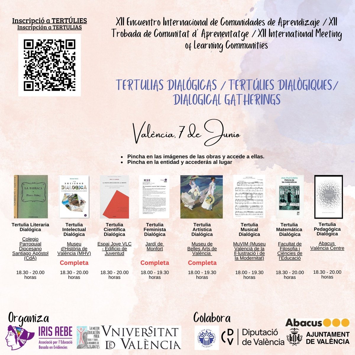 XII Encuentro Internacional de CdA

¡AFORO COMPLETO en Tertulia Feminista Dialógica, Tertulia Artística Dialógica y Tertulia Intelectual Dialógica!

¿Te lo vas a perder? Tertulias Dialógicas por la Ciudad de Valencia ¡No te quedes sin plaza! forms.gle/FaeLbZPpGebnr4…