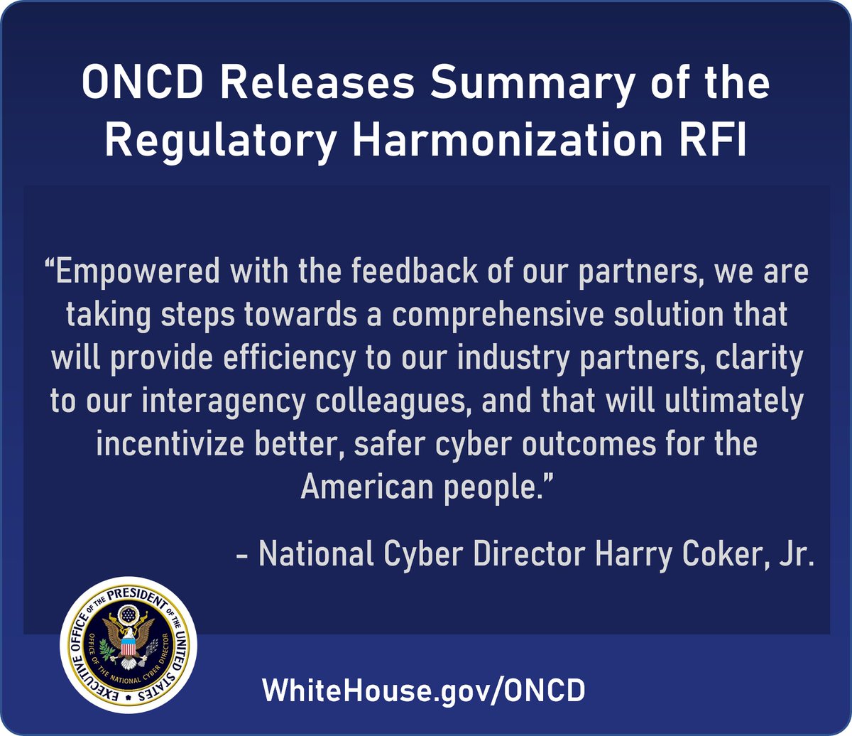 Today ONCD released a summary of our regulatory harmonization RFI. Fantastic feedback from groups representing over 15,000 businesses and organizations. Read the summary and a blog by National Cyber Director Coker whitehouse.gov/oncd/briefing-…
