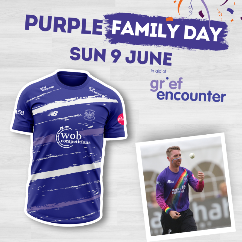 Gloscricket's tweet photo. Check out our purple T20 shirt in support of Grief Encounter 💜

Glos will wear the kit for our @VitalityBlast match v Sussex on Sunday!

Find out how to get your hands on one of these limited edition replicas on our website!

#BecomeGlorious | @griefencounter
