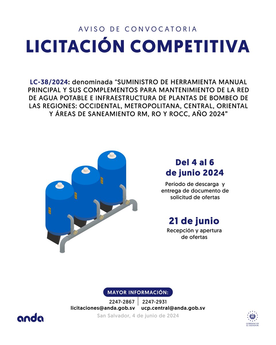 📣 ¡Atención proveedores!

Te presentamos dos importantes procesos de #LicitaciónCompetitiva:

1️⃣ Proceso: 'Suministro de herramienta manual principal y sus complementos para mantenimiento de la red de agua potable e infraestructura de plantas de bombeo de las regiones: