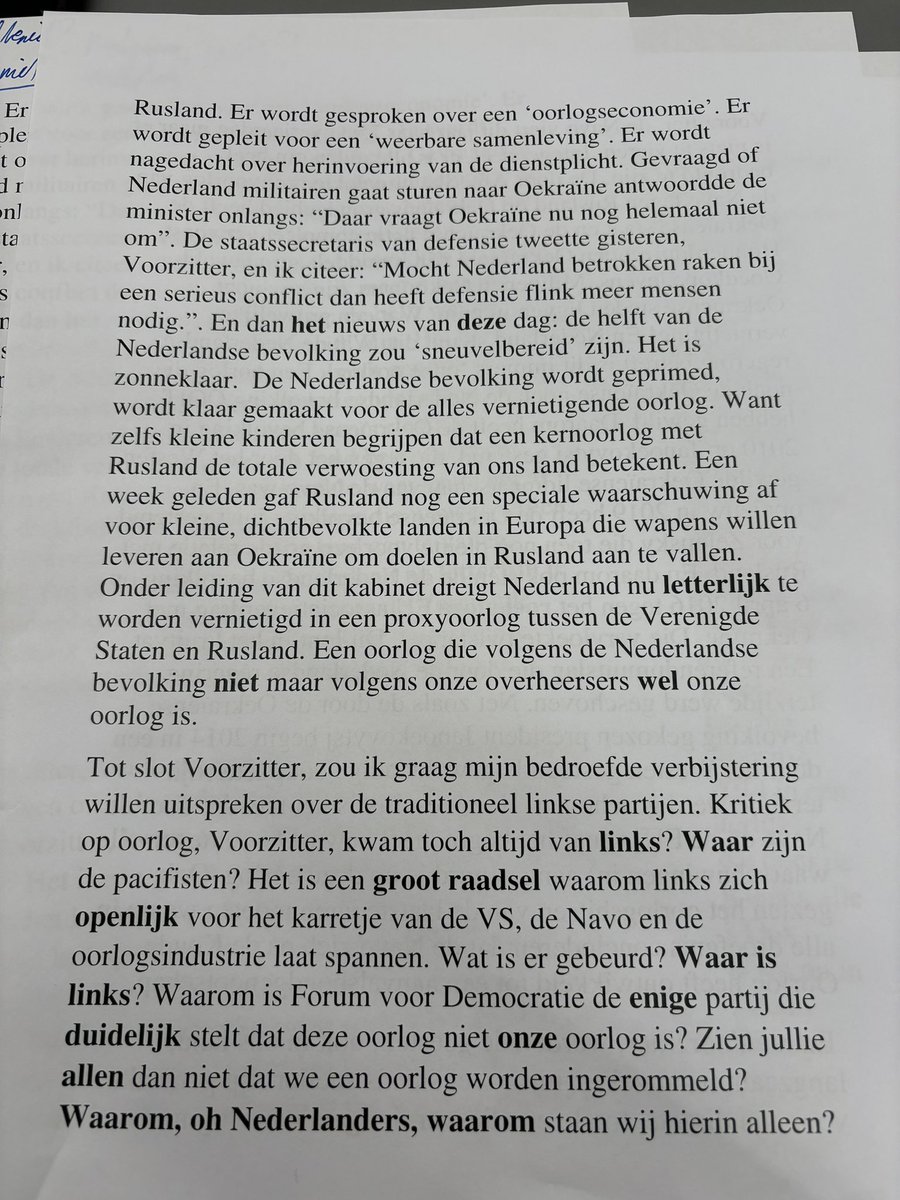 Zojuist uitgesproken tekst tijdens het Navodebat. De oorlog in Oekraïne is NIET onze oorlog. Waarom staan wij, Forum voor Democratie, hierin alleen?