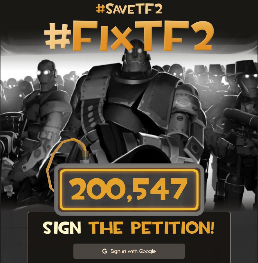 we hit 200k signatures on save.tf!!!!!!!!!!!!!
well done everybody!!!!!!!! keep going!!!!! I hate when I shit and the toilet water hits my ass!!!! #FixTF2