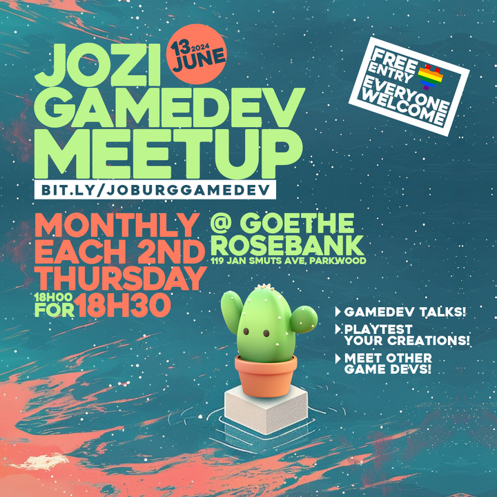It’s almost time for the next Joburg gamedev meetup at <a href="/goethejoburg/">Goethe-Institut JHB</a>. Come and join us for lightning talks, playtests (hopefully yours?) and to meet loads of other hobbyists, pro and student gamedevs.