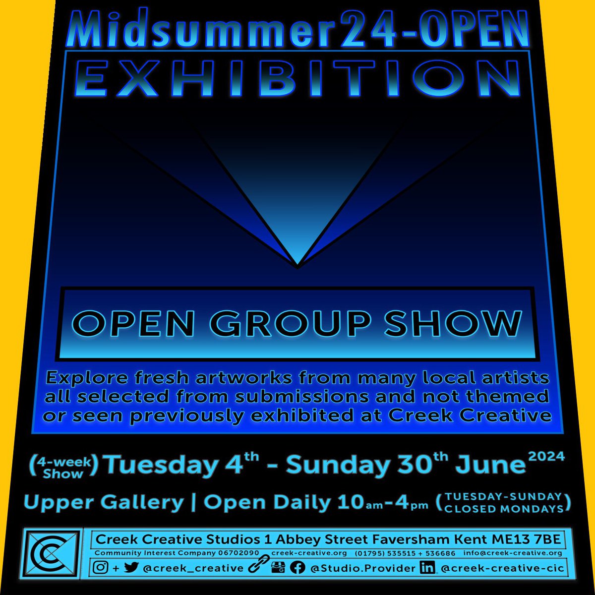 creek_creative's tweet image. Visit our latest Midsummer24-OPEN #ArtExhibition which opened to visitors from today (Tue 4th - Sun 30th June, Upper Gallery)! This #4week #GroupShow #OpenShow includes a broad range of intriguing new works (max 3 per artist) #EmergingArtists #NewWork #SummerExhibition #Faversham