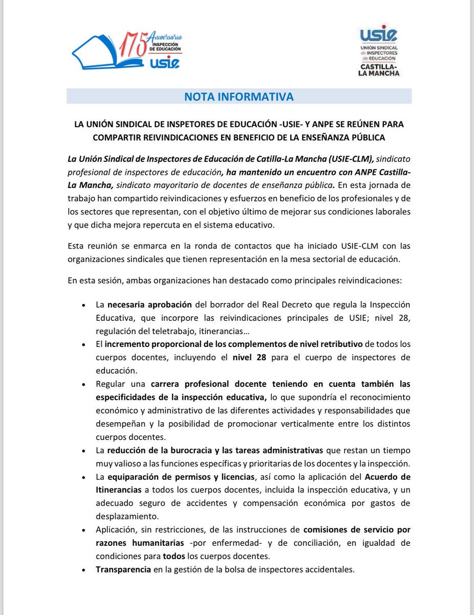 USIECLM's tweet photo. USIE y @anpeclm se reúnen en una jornada de trabajo para compartir reivindicaciones en beneficio de la enseñanza pública y hacer propuestas para el borrador del Real Decreto que regulará la inspección de educación. @educajccm @amadorpastorn https://t.co/izU9mkpUKq