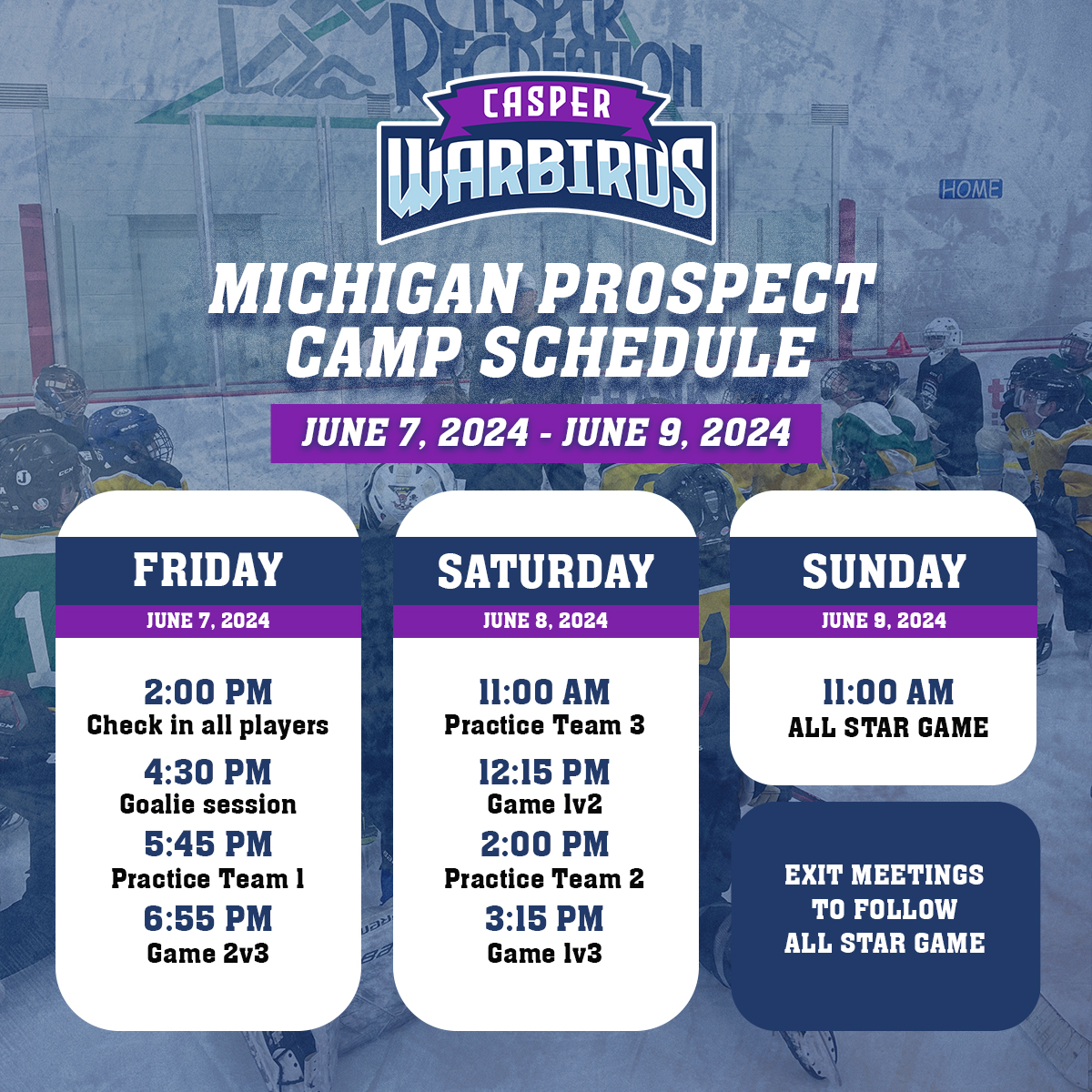 CasperWarbirds's tweet photo. Pictured is the schedule for this week's ID camp in Michigan. Players will be assigned their team at check-in on Friday. Each team will have 2 games and 1 practice. Final cuts will happen on Saturday evening. 

#casperwy #ncdc #hockey
@ncdcjrhockey @the_dankshow @usphlhockey https://t.co/Ggdhq4Dfiq