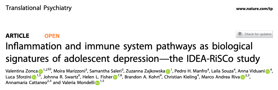 Valeria Mondelli (@mondellivaleria) on Twitter photo 🚨NEW paper🚨 now out in <a href="/Transl_Psych/">TranslationalPsychiatry</a> showing #Inflammation and immune system pathways as biological signatures of #AdolescentDepression
+ highlighting #SexDifferences
Another amazing output from the #IDEAproject 🤩
<a href="/ZoncaValentina/">Valentina Zonca</a>
🙏<a href="/MQmentalhealth/">MQ</a>
👇
shorturl.at/OOgY7 🚨NEW paper🚨 now out in <a href="/Transl_Psych/">TranslationalPsychiatry</a> showing #Inflammation and immune system pathways as biological signatures of #AdolescentDepression
+ highlighting #SexDifferences
Another amazing output from the #IDEAproject 🤩
<a href="/ZoncaValentina/">Valentina Zonca</a>
🙏<a href="/MQmentalhealth/">MQ</a>
👇
shorturl.at/OOgY7