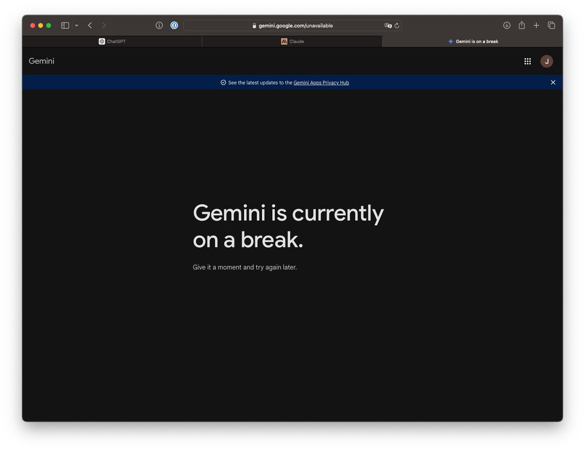 xslimmer's tweet photo. Today AI needed a break. #chatgpt #gemini #claude https://t.co/DXmbcDOhZE