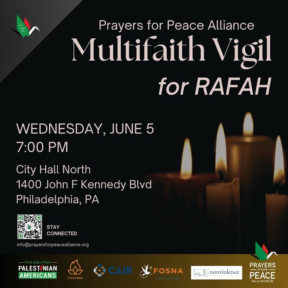 PhillyEducator's tweet photo. @justmaybechris @mindyisser @AlissaShira @abgutman . Hope you will help get Philly out for this vigil - mourning lives lost from Israeli atrocities in Rafah, while building solidarity for peace and equality. https://t.co/g9og8LN7qg