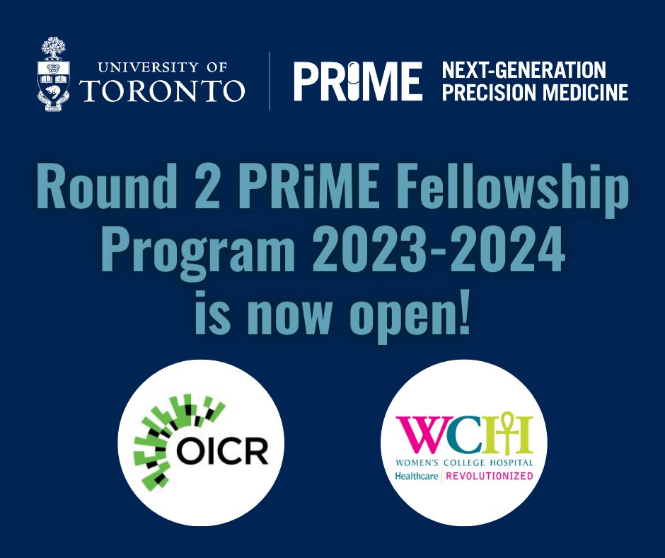 Round 2 PRiME Fellowship Program 2023-2024 is now open! This program is open to PhDs, postdocs or clinical fellows in eligible <a href="/UofT/">University of Toronto</a> divisions and <a href="/WCHospital/">Women's College Hospital</a> OR <a href="/OICR_news/">Ontario Institute for Cancer Research (OICR)</a>. Submit NOI by June 24. Visit prime.utoronto.ca/prime-fellowsh… for full application details. #PRiMEFellowship