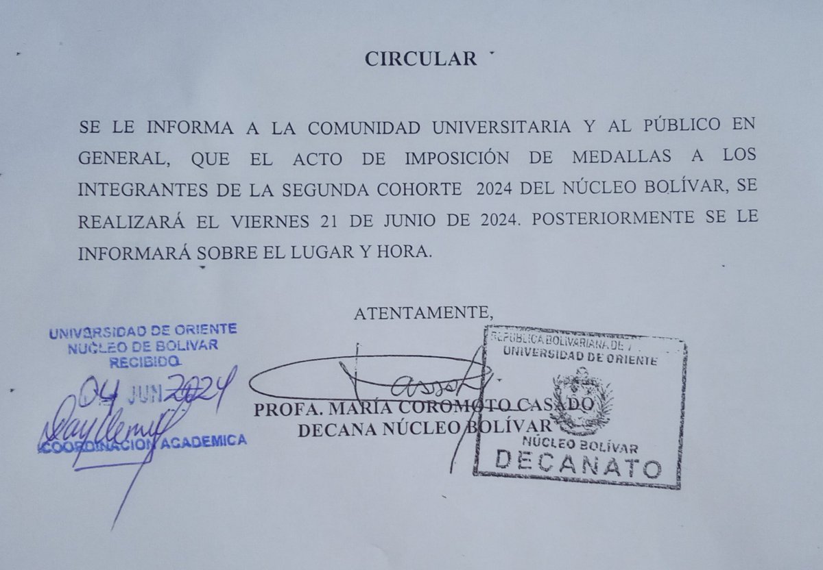 🚨 ATENCIÓN GRADUANDOS🚨
II COHORTE 2024,  SE INFORMA   FECHA DE IMPOSICIÓN DE MEDALLAS, DÍA VIERNES 21-06-2024
#CoordAcadBol POSTERIORMENTE SE INFORMARÁ LUGAR Y HORA.