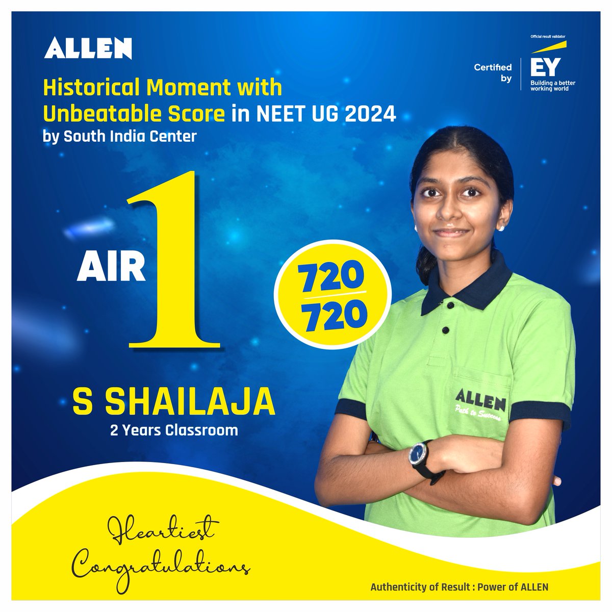 📢 Historical Moment for ALLEN South India ! 

We are thrilled to announce an unbeatable achievement by our star student.

🏆 S Shailaja, a 2 Year classroom student , secured All India Rank 1 in NEET UG 2024 with a perfect score of 720 out of 720! 

#ALLENSouthIndia #NEETUG2024