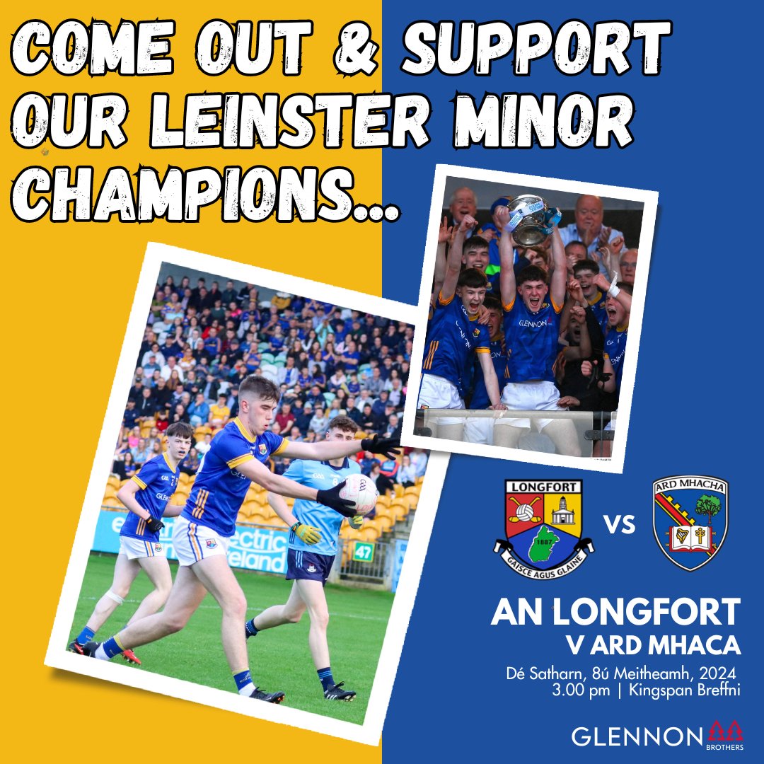 OfficialLDGAA's tweet photo. All roads lead to Kingspan Breffni on Saturday afternoon when our minor footballers meet Armagh in the Electric Ireland All-Ireland Minor Football Quarter-Final.

Throw-in is at 3pm and the game is preceded by Derry v Dublin at 1pm.

Tickets are available at https://t.co/i6qFi0QVz4

@ClubLongford @ShannonsideFM @Longford_Leader