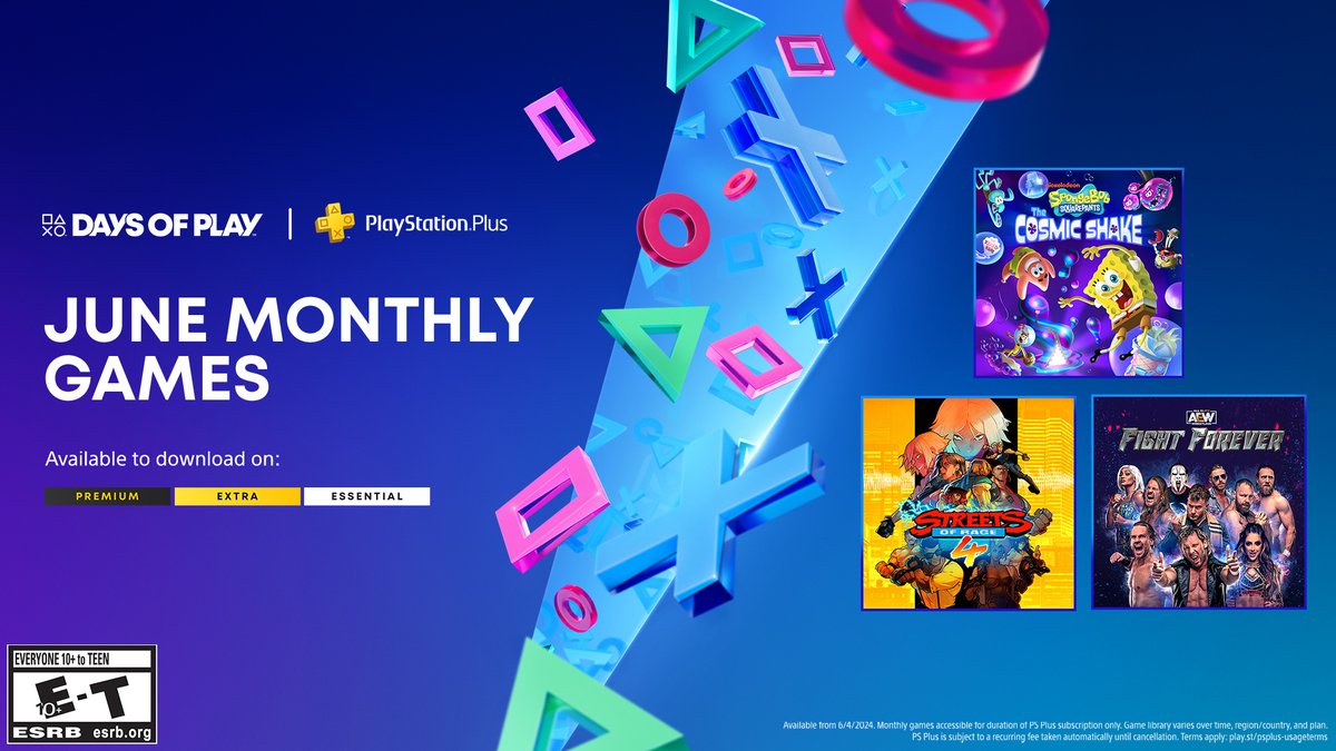 PlayStation's tweet photo. ➕ June's PlayStation Plus Monthly Games arrive today  

Clean up the city in Streets of Rage 4, explore the ocean floor in SpongeBob Squarepants: The Cosmic Shake, and enter the ring in AEW Fight Forever https://t.co/xhurXKNV15