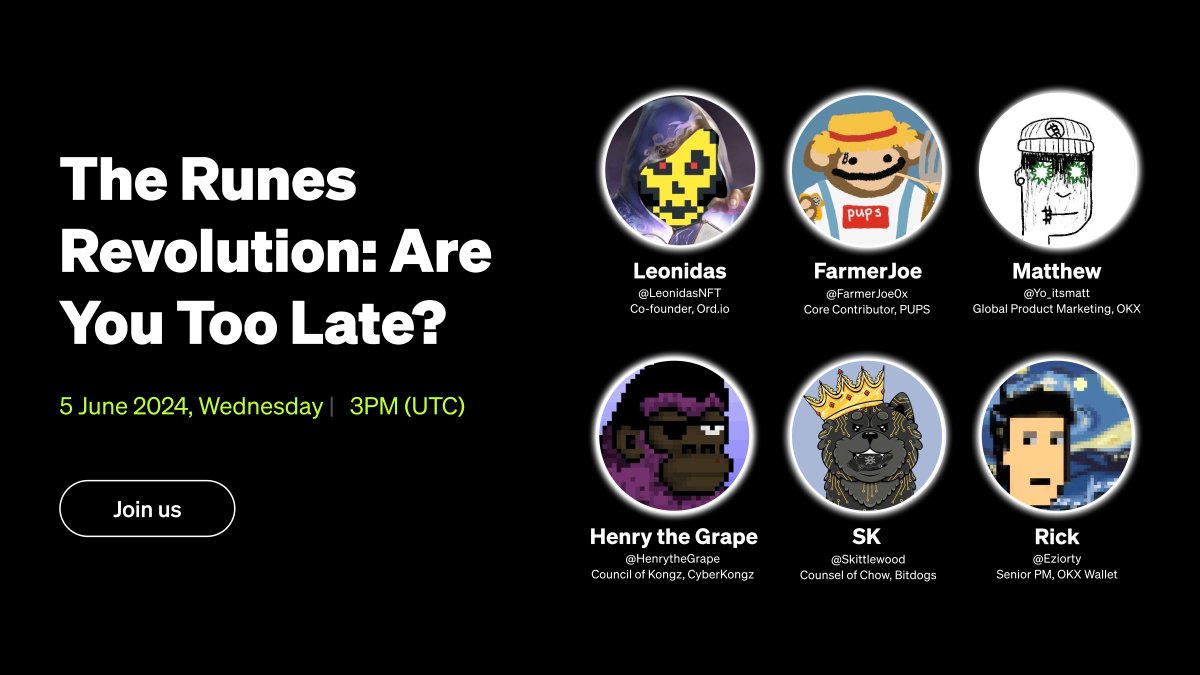 wallet's tweet photo. What's up with the resurgence of #Runes? Is it too late to get involved?

Join us and learn about the rise of Runes with @LeonidasNFT, @PupsToken, @CyberKongz &amp; @bitdogs_btc 

🗓️ Wednesday, 5 June, 3 PM UTC

Set a reminder: https://t.co/STufRIW9bw https://t.co/Kz4lqSdbzh