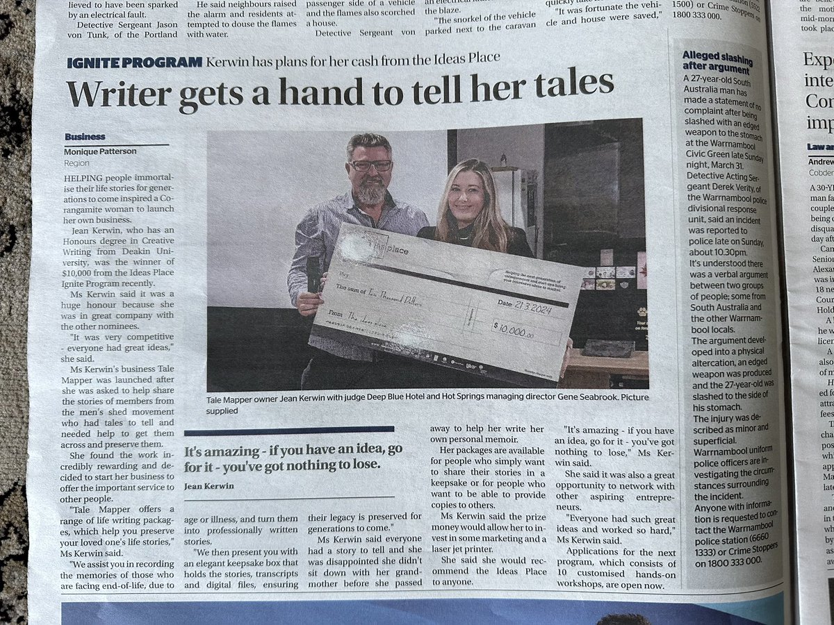 Jean__Kerwin's tweet photo. Newspaper article in The Standard newspaper 🗞️ #warrnambool #founder #pitch #startup #winner https://t.co/99kpdmsvy4
