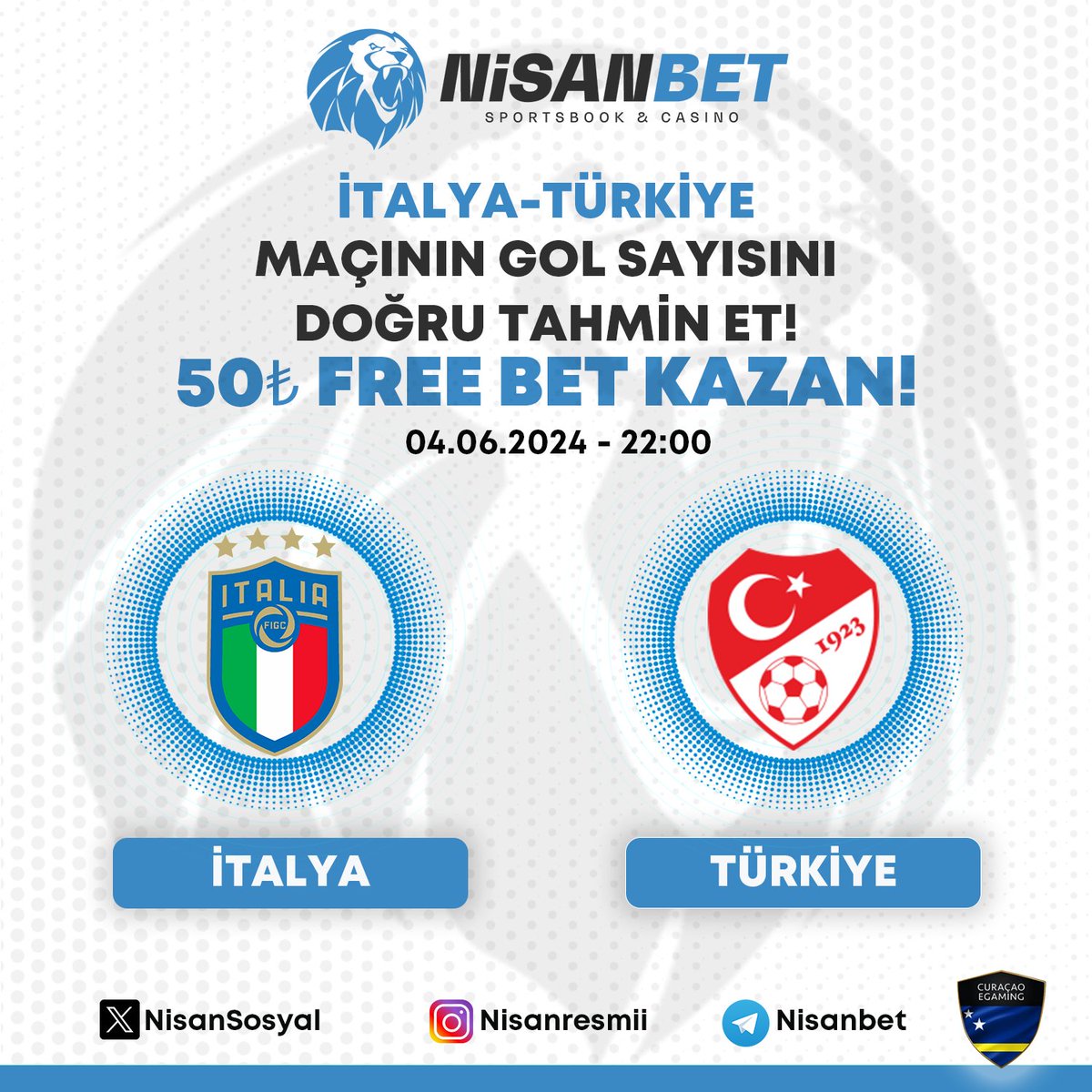 nisanbetsosyal's tweet photo. 🎁 Nisanbet'ten günün etkinliği!

⚽ İtalya - Türkiye maçının toplam gol sayısını doğru tahmin eden herkese 50₺ Freebet hediye!

✅ Hesabımızı takip et, gönderiyi retweetle!
📲 Kullanıcı adını ve tahminini yorumlarda paylaş.

🦁 Hemen oyna: https://t.co/UMvL3d9ZCK https://t.co/tDkWkmlwIh