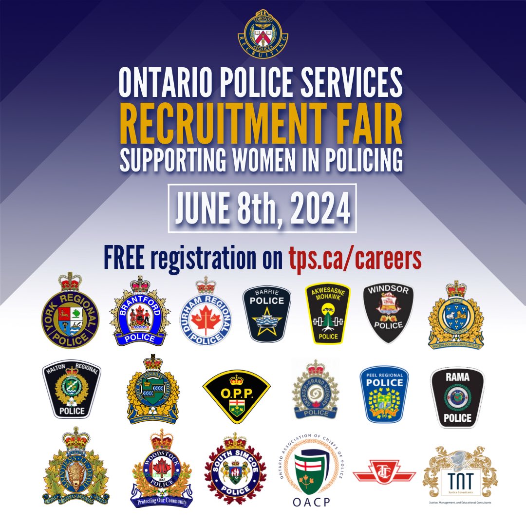 🚨The Ontario Police Services supporting women in policing Recruitment Fair is happening THIS Saturday! The event will join over 16 services together at the Toronto Police College. Everyone is welcome, so register on tps.ca/careers under ‘Information Sessions’.🚨