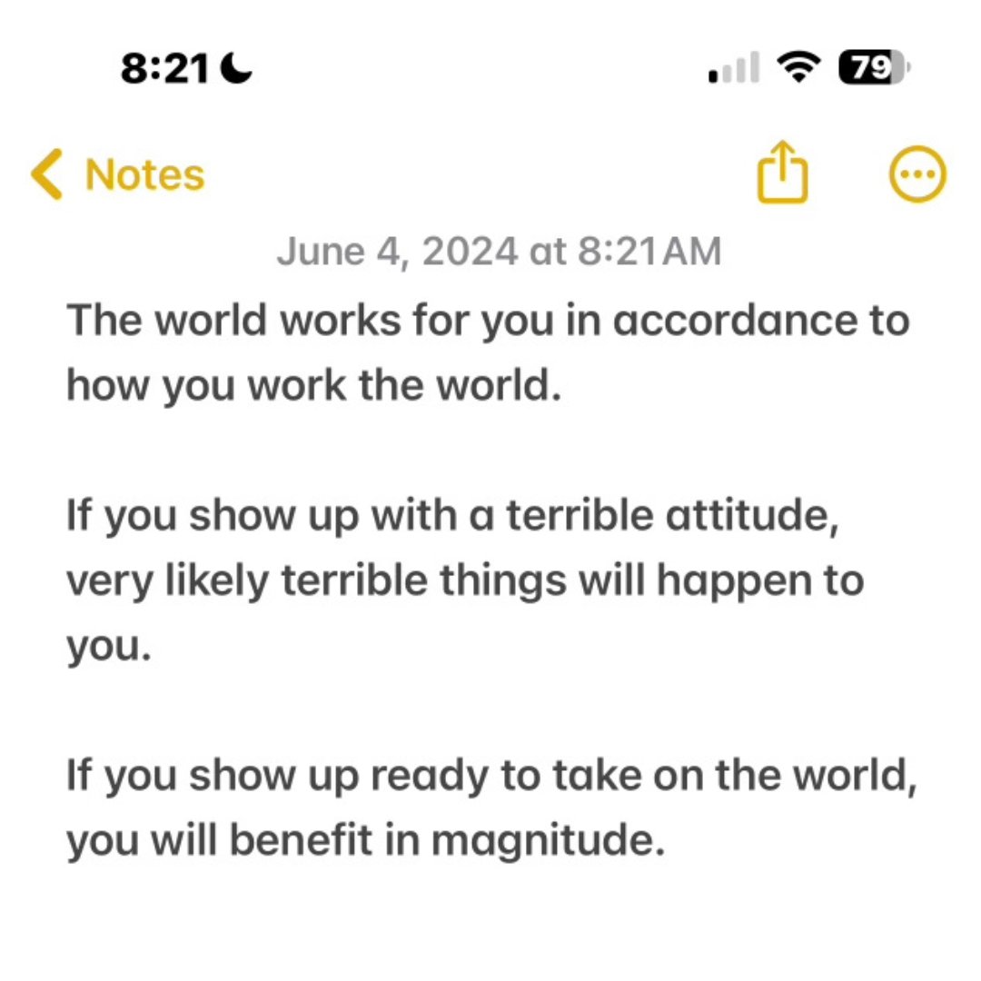 The world works for you in accordance to how you work the world. 

If you show up with a terrible attitude, very likely terrible things will happen to you.

If you show up ready to take on the world, you will benefit in magnitude.