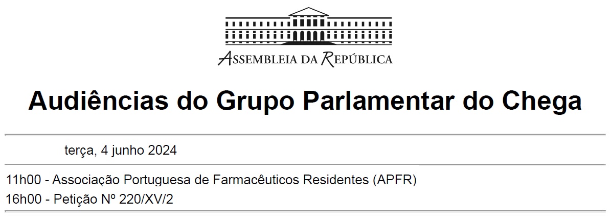 A <a href="/apfarmresidente/">Associação Portuguesa de Farmacêuticos Residentes</a> reuniu hoje com o grupo parlamentar do <a href="/PartidoCHEGA/">Partido CHEGA 🇵🇹</a>: de manhã, com uma delegação da sua comissão instaladora; à tarde, representado no grupo de peticionários pela valorização dos farmacêuticos do SNS.