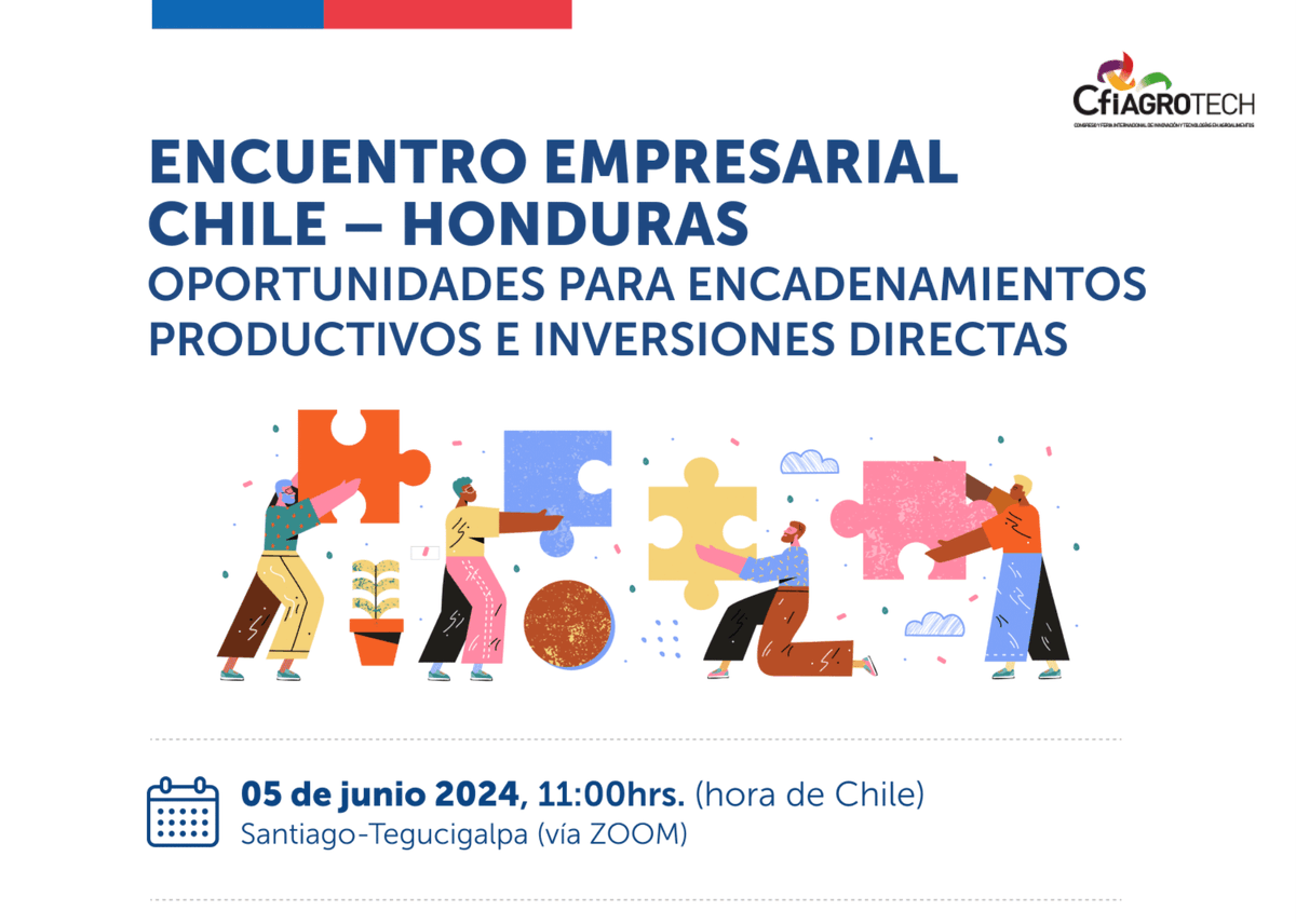 Participa de este encuentro empresarial. Será punto clave para expandir horizontes, explorar alianzas y fortalecer nuevos mercados.

Organizado por <a href="/subrei_chile/">Subsec. de Relaciones Económicas Internacionales</a> del <a href="/Minrel_Chile/">Cancillería Chile 🇨🇱</a> y la <a href="/SDEHonduras/">Secretaría de Desarrollo Económico</a>.

📅5 jun. 2024 - 11:00 hrs.

¡Cupos limitados! Sé parte: lnkd.in/gRNm8jkC