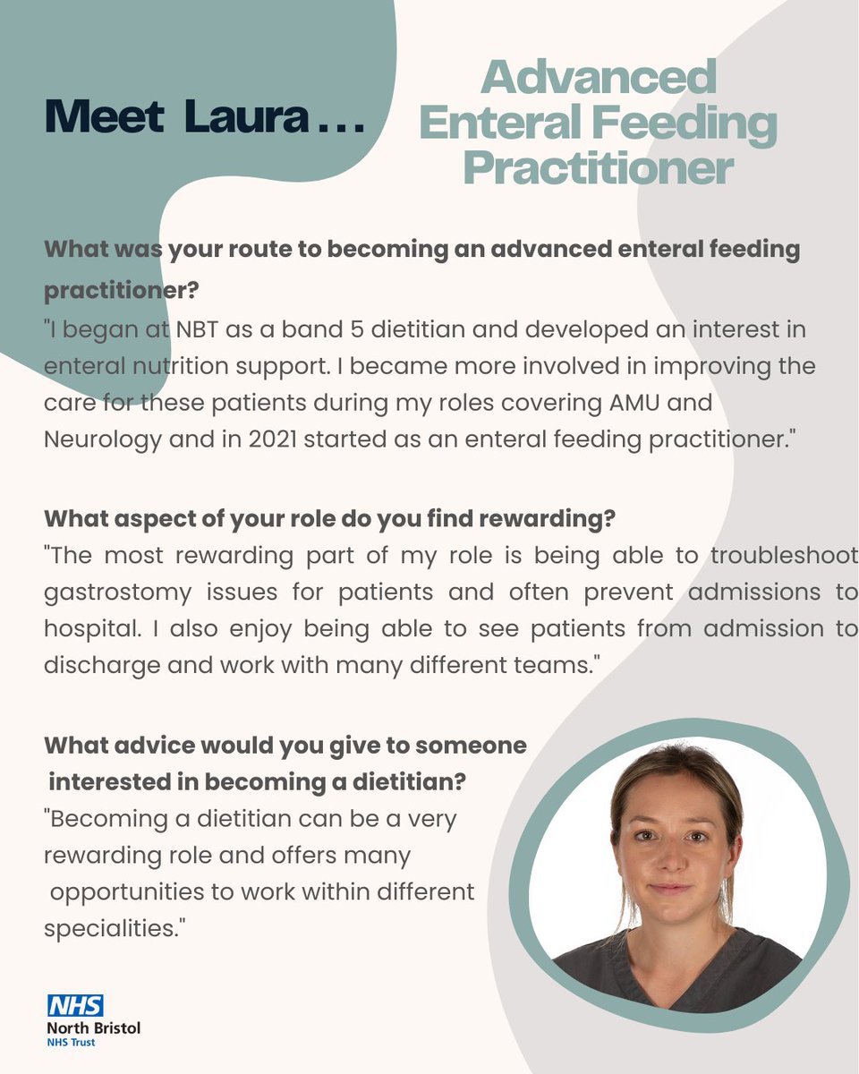 NBT Dietitians (@nbt_dietitians) on Twitter photo ✨ My first role in dietetics...below Laura talks about how her experience as a band 5 dietitian guided her career path and progression to her current role as an Advanced Enteral Feeding Practitioner ✨
#DW2024
<a href="/BDA_Dietitians/">British Dietetic Association</a> ✨ My first role in dietetics...below Laura talks about how her experience as a band 5 dietitian guided her career path and progression to her current role as an Advanced Enteral Feeding Practitioner ✨
#DW2024
<a href="/BDA_Dietitians/">British Dietetic Association</a>