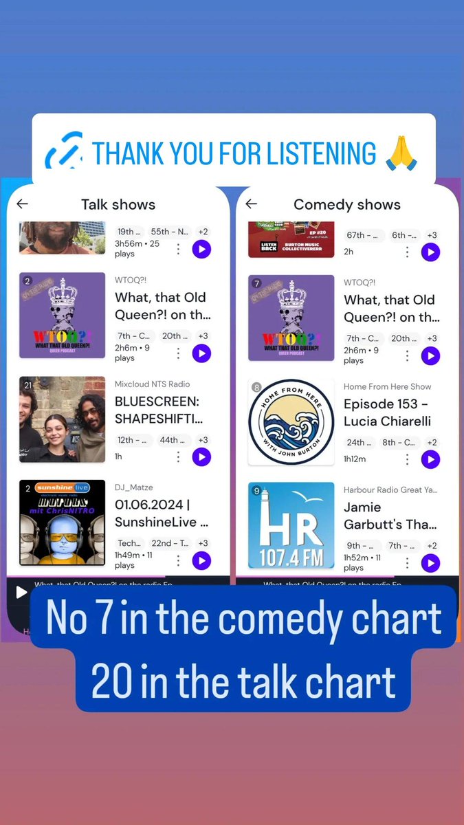 WhatThatOldQue1's tweet photo. Whoop! No 7 in comedy charts and no 20 in talk - give our chart vers pod a listen! https://t.co/P1VBNuwGmf