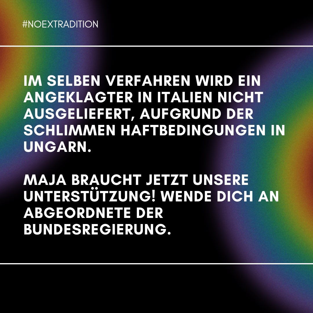 RealTadzioM's tweet photo. Eure Solidarität ist JETZT gefragt: Maja wird die Beteiligung an antifaschistischen Aktionen in Ungarn vorgeworfen und wurde deshalb in Berlin verhaftet. Die dt. Behörden wollen Maja an #Ungarn ausliefern, was für queere Personen lebensbedrohlich ist. Werdet aktiv! #noextradition https://t.co/YVxEWu5UOR