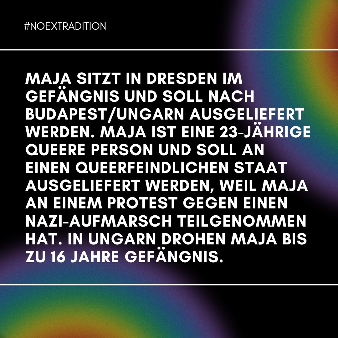RealTadzioM's tweet photo. Eure Solidarität ist JETZT gefragt: Maja wird die Beteiligung an antifaschistischen Aktionen in Ungarn vorgeworfen und wurde deshalb in Berlin verhaftet. Die dt. Behörden wollen Maja an #Ungarn ausliefern, was für queere Personen lebensbedrohlich ist. Werdet aktiv! #noextradition https://t.co/YVxEWu5UOR