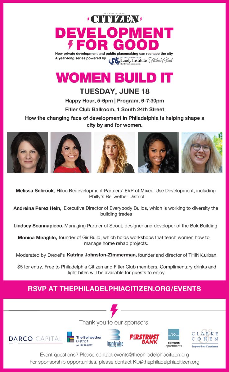 Join us for "Women Build It," the next Development...for Good on Tuesday, June 18 with <a href="/thephilacitizen/">The Philadelphia Citizen</a> at <a href="/FitlerClub/">Fitler Club</a>!

The discussion will be moderated by <a href="/DrexelUniv/">Drexel University</a>'s @think_katrina, founder and director of THINK.urban.

RSVP here: women-build-it.rsvpify.com/?securityToken…